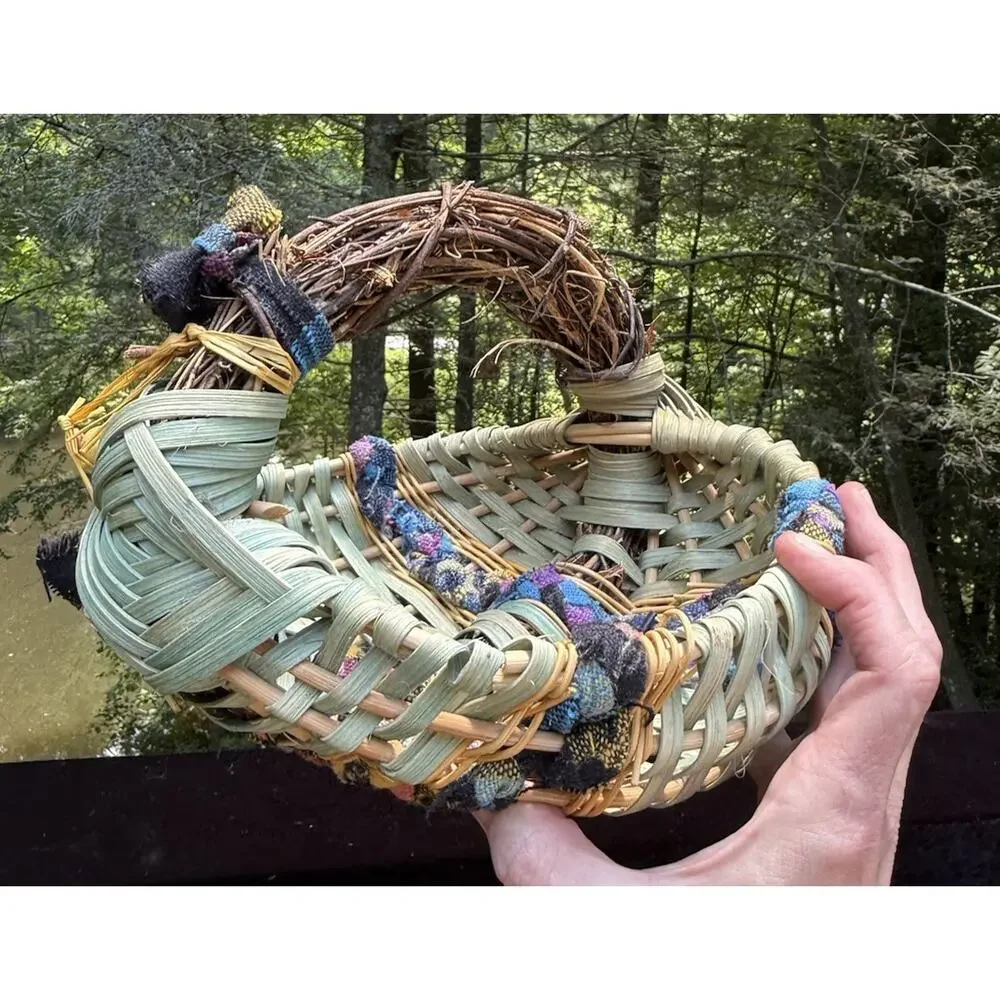 Vintage Woven African Egg Basket Super Colorful With Rag Bead Accents